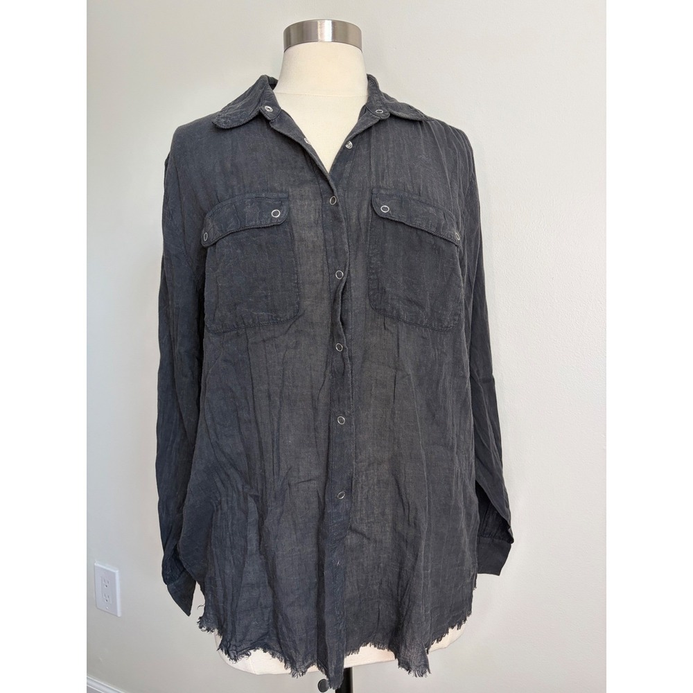 Elan Womens Washed Black Cotton Crinkle Gauzy Snap Button Shirt Frayed Hem L NEW